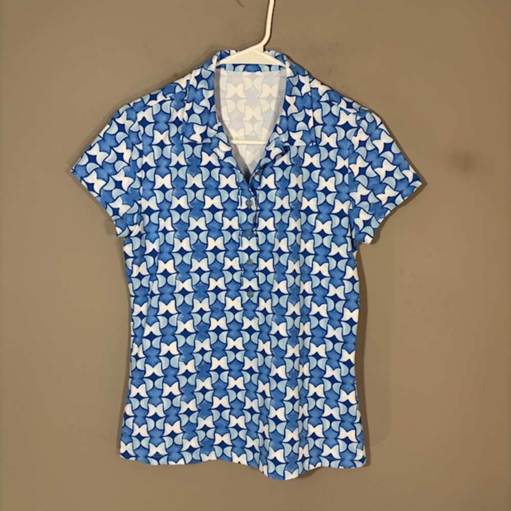 J. McLaughlin Polo Shirt Womens Small Blue Geometric Button Short Sleeve Top